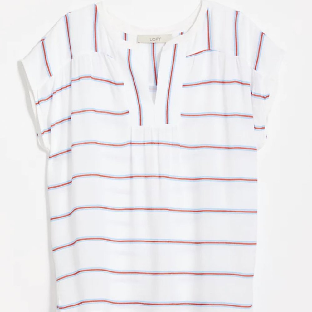 LOFT XS  Split Neck Mixed Media Striped Top